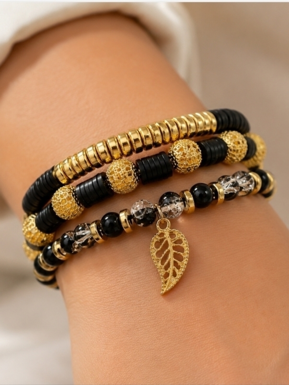 Gold & Black Layered Bead Bracelet Set with Leaf Charm
